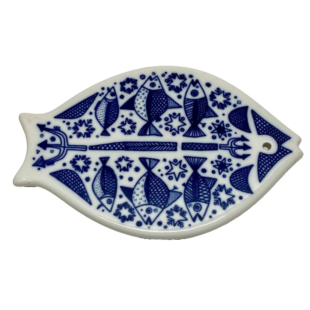 Vintage Norway Fish Trivet Blue White Porcelain 8" x 5 1/8" Porsgrund 1971 EUC